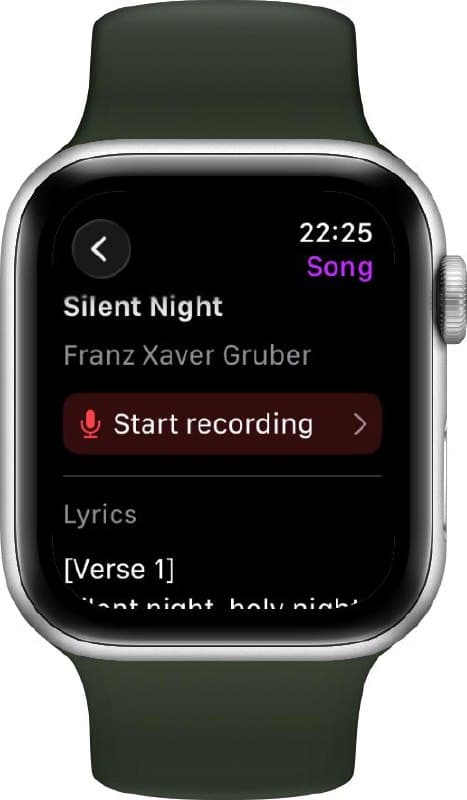 Smartwatch showing song detail with Start recording button and lyrics