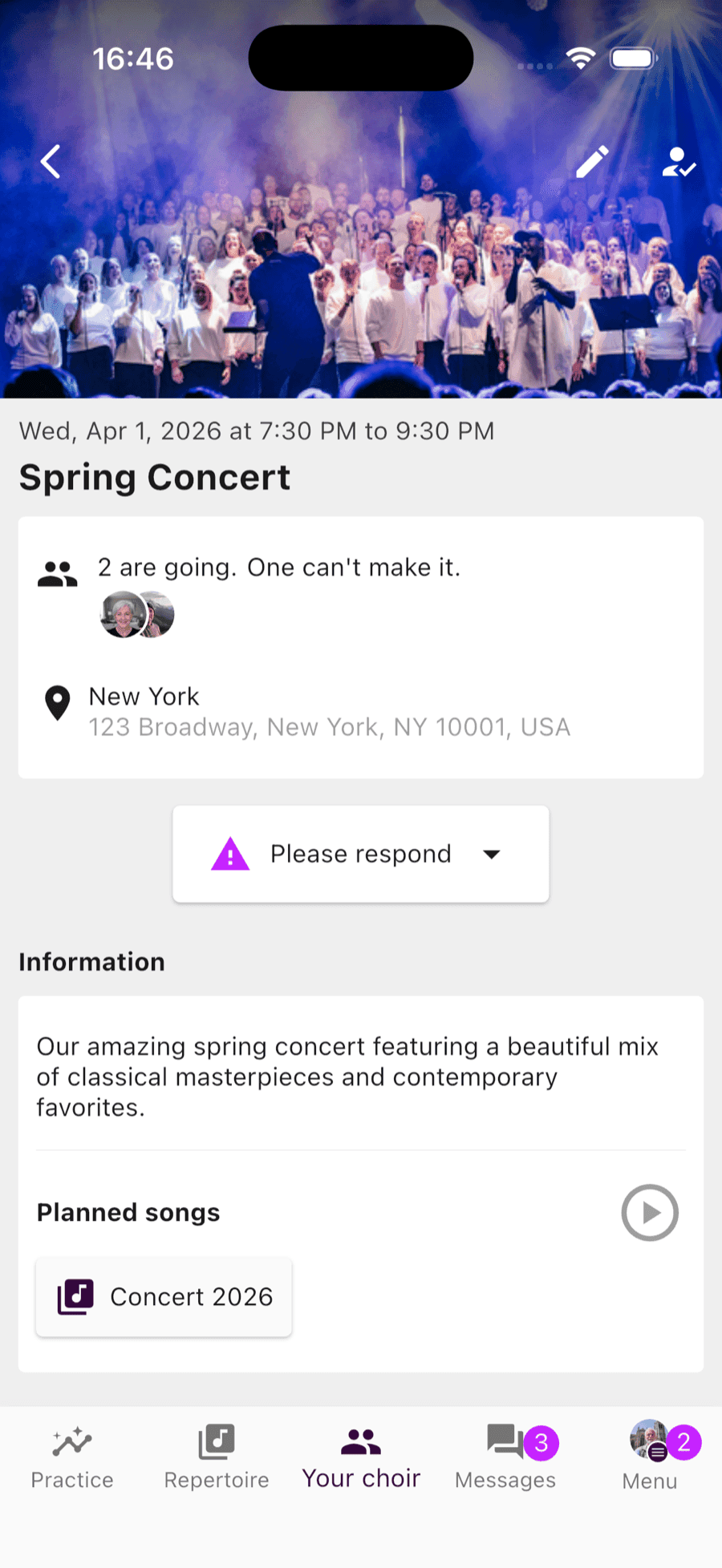 Event detail with planned songs