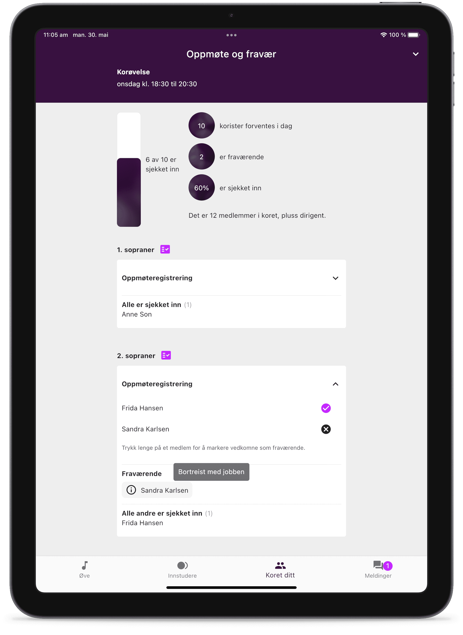 Oppmøte- og fraværsfunksjonen i ChoirMate